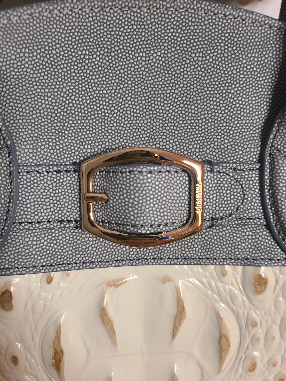 BRAHMIN-Gray and Cream Croc-Geniune Leather Satchel with Gold Accent